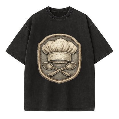 Embroidered patch design - COOKING CHEF HAT - toque blanche with crossed spoons - Vintage T-shirt - Black