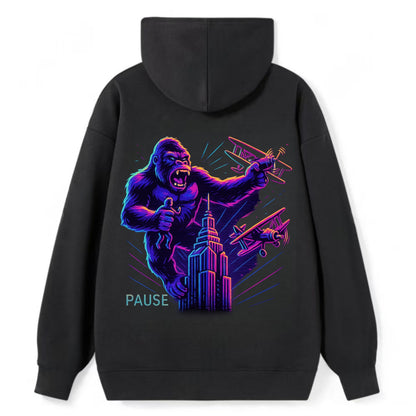 giant gorilla on top of skyscraper holding small figure, swatting planes - Classic Pullover Hoodie - Black