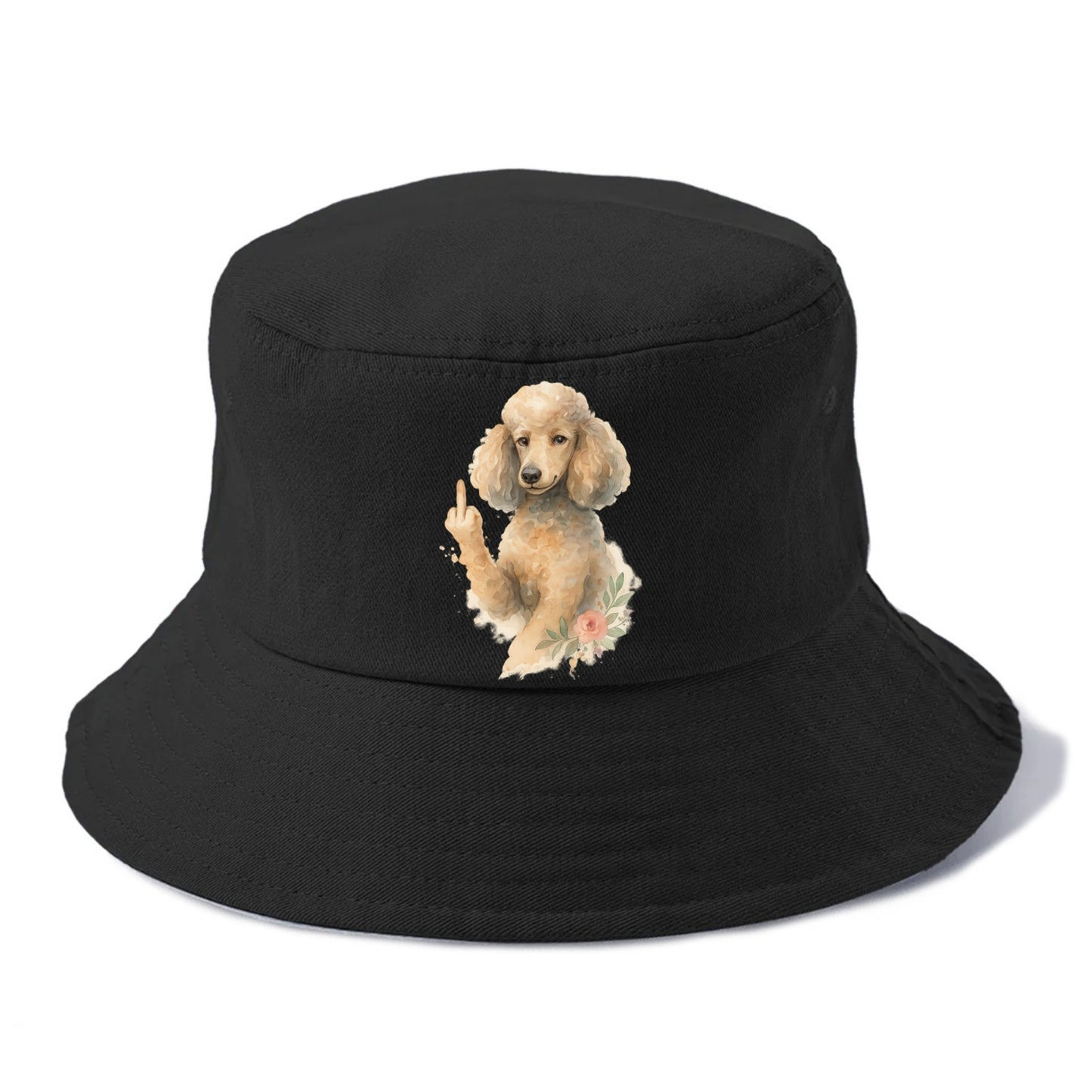 Standard Poodle with curly styled coat, intelligent face, fancy paw giving finger - Bucket Hat - Black
