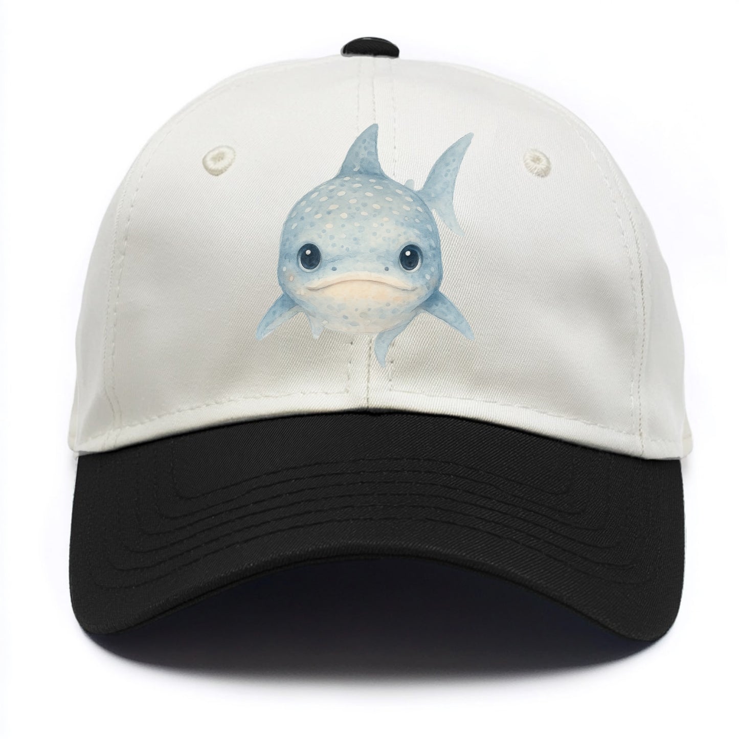 Baby Whale Shark - spotted blue-gray, wide mouth closed, tiny eyes, front-facing, - Two Tone Cap - Black
