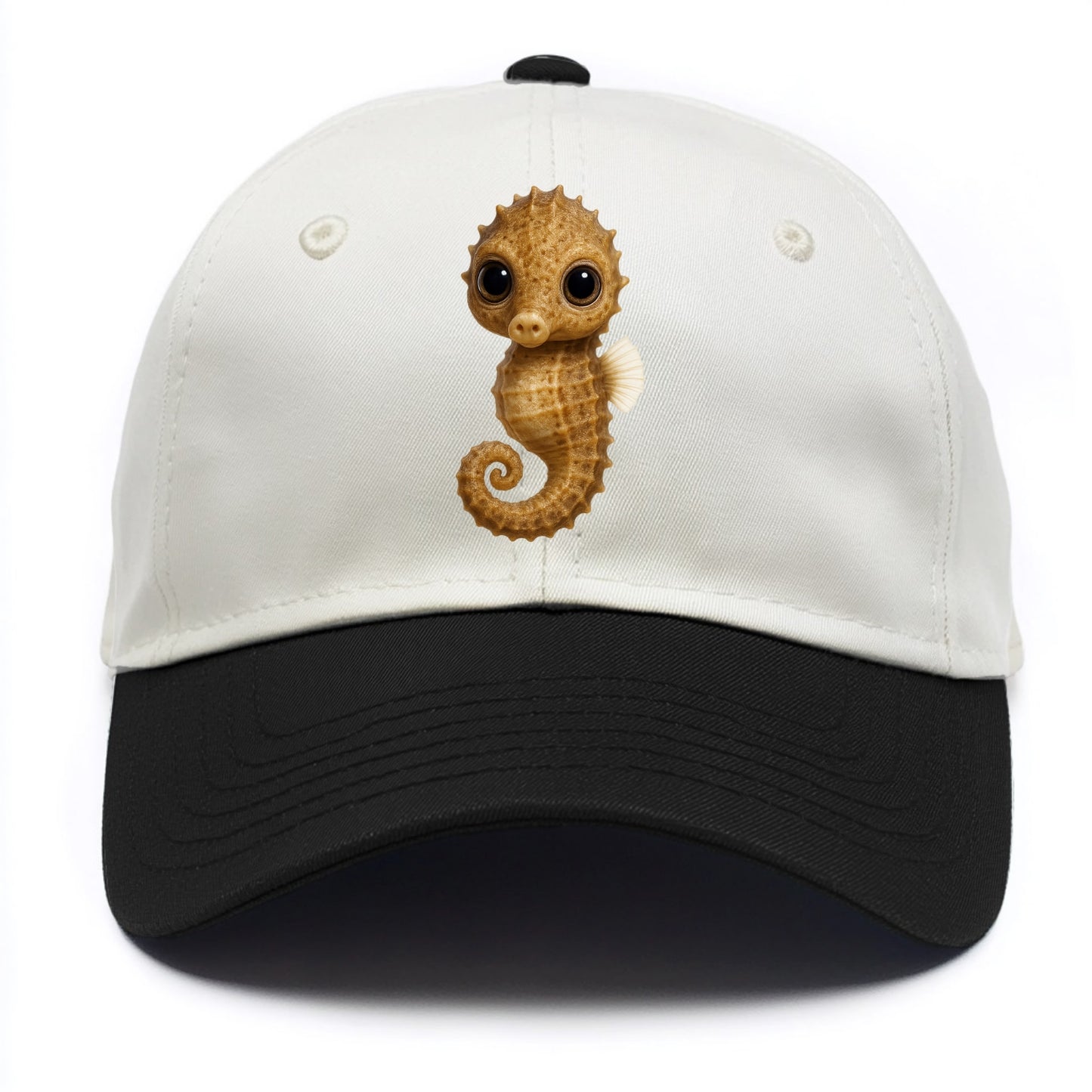 Baby Seahorse - curled tail, snout, large eyes, front-facing, delicate and cute - Two Tone Cap - Black