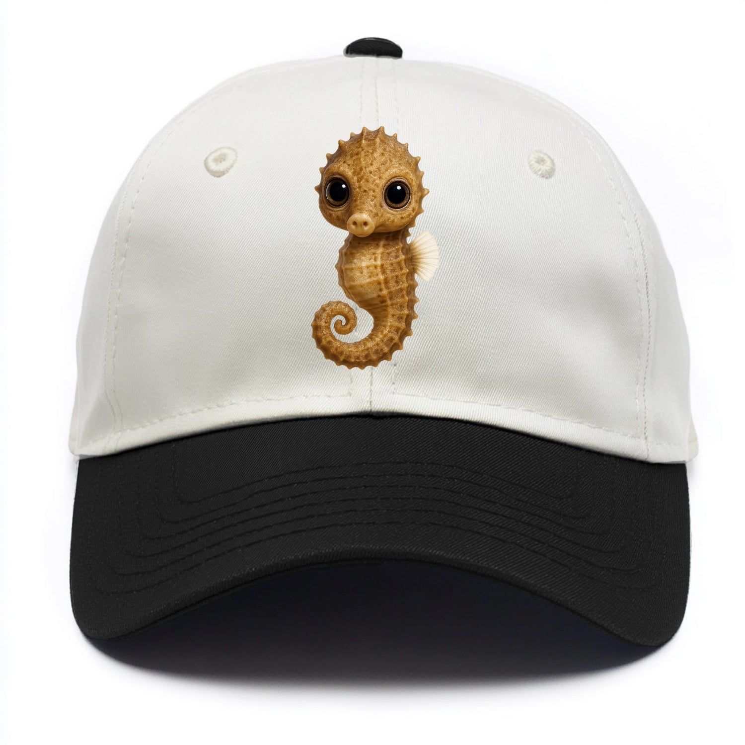 Baby Seahorse - curled tail, snout, large eyes, front-facing, delicate and cute - Two Tone Cap - Black