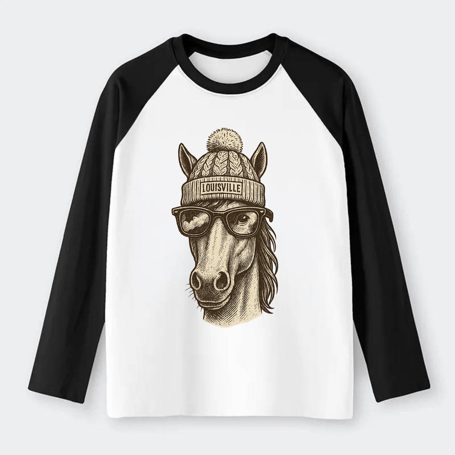 Kentucky Thoroughbred Horse wearing Louisville beanie with pom pom and - Raglan Long Sleeve T-Shirt - Black