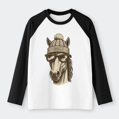 Kentucky Thoroughbred Horse wearing Louisville beanie with pom pom and - Raglan Long Sleeve T-Shirt - Black