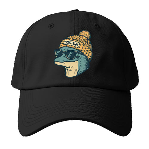 Charleston Dolphin wearing Charleston beanie with pom pom and wayfarer sunglasses - Baseball Cap