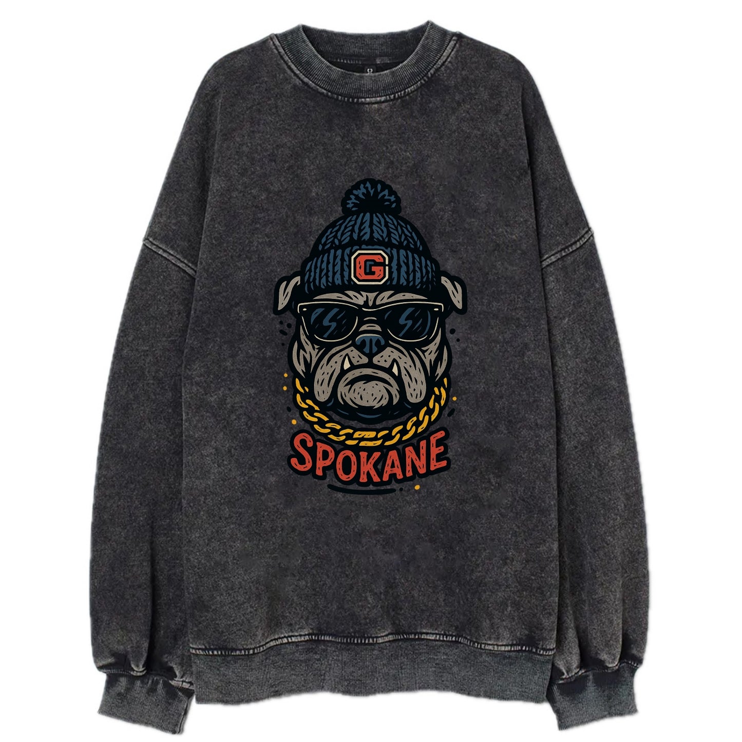 Spokane Bulldog wearing Gonzaga beanie with G patch - Vintage Sweatshirt - Black