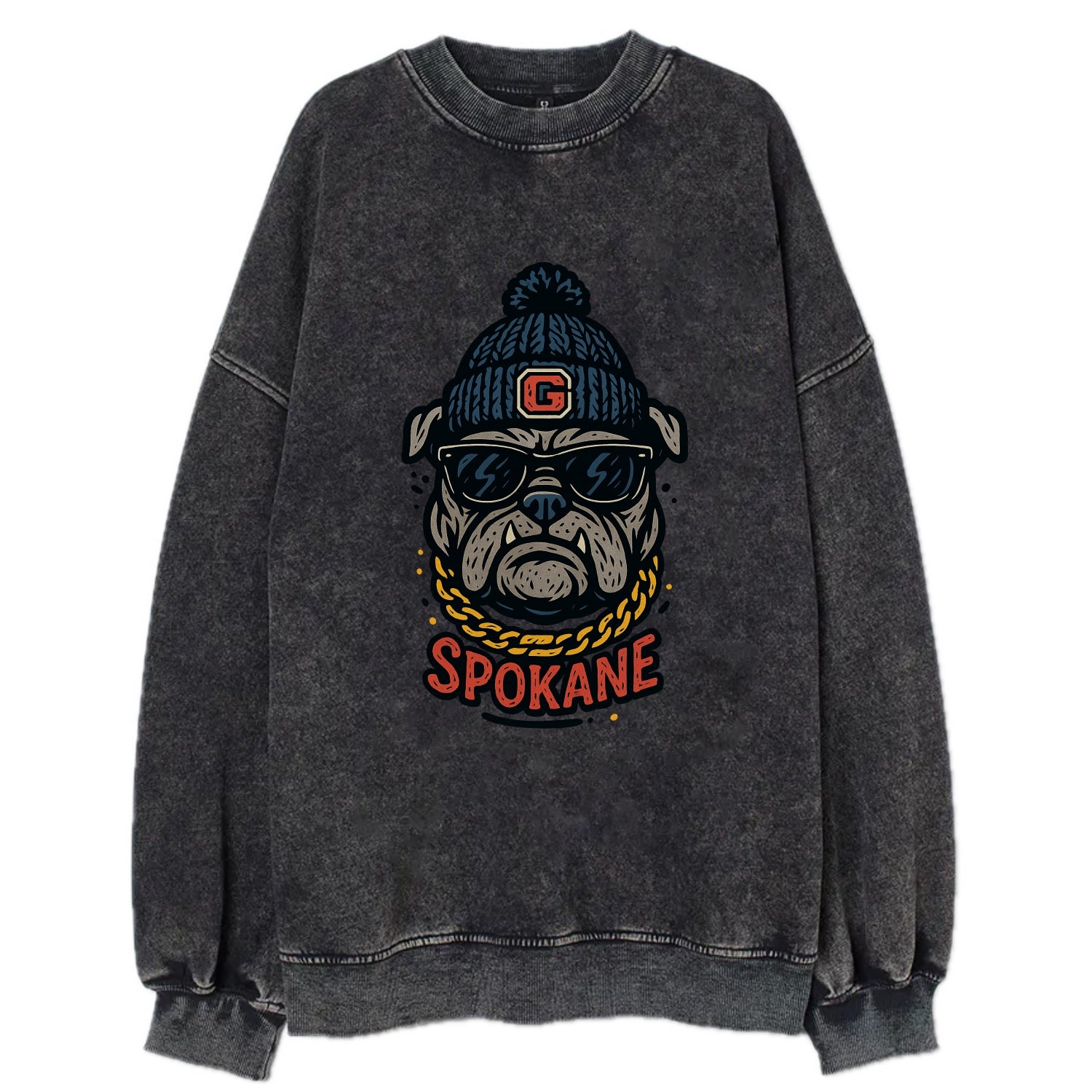 Spokane Bulldog wearing Gonzaga beanie with G patch - Vintage Sweatshirt - Black