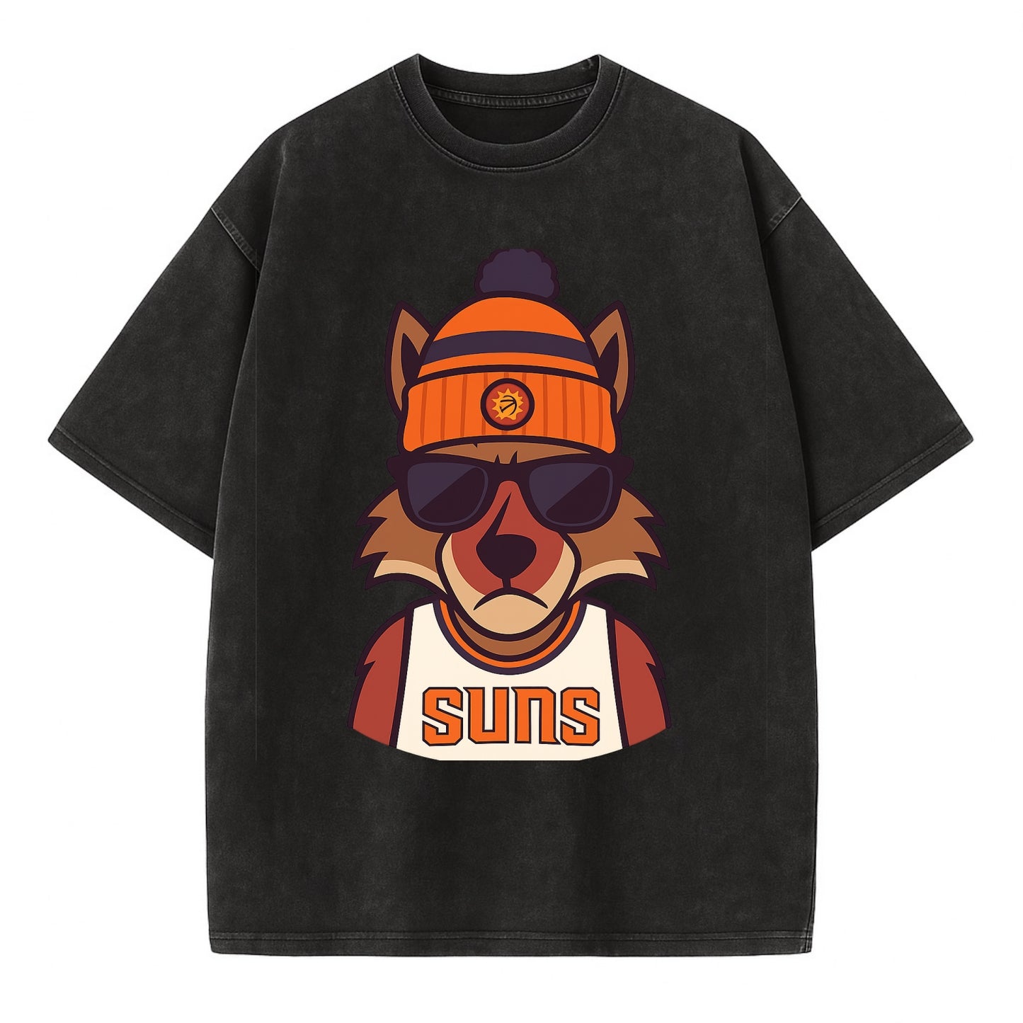 Arizona Coyote wearing Suns beanie with desert sun patch and wayfarer sunglasses - Vintage T-shirt - Black