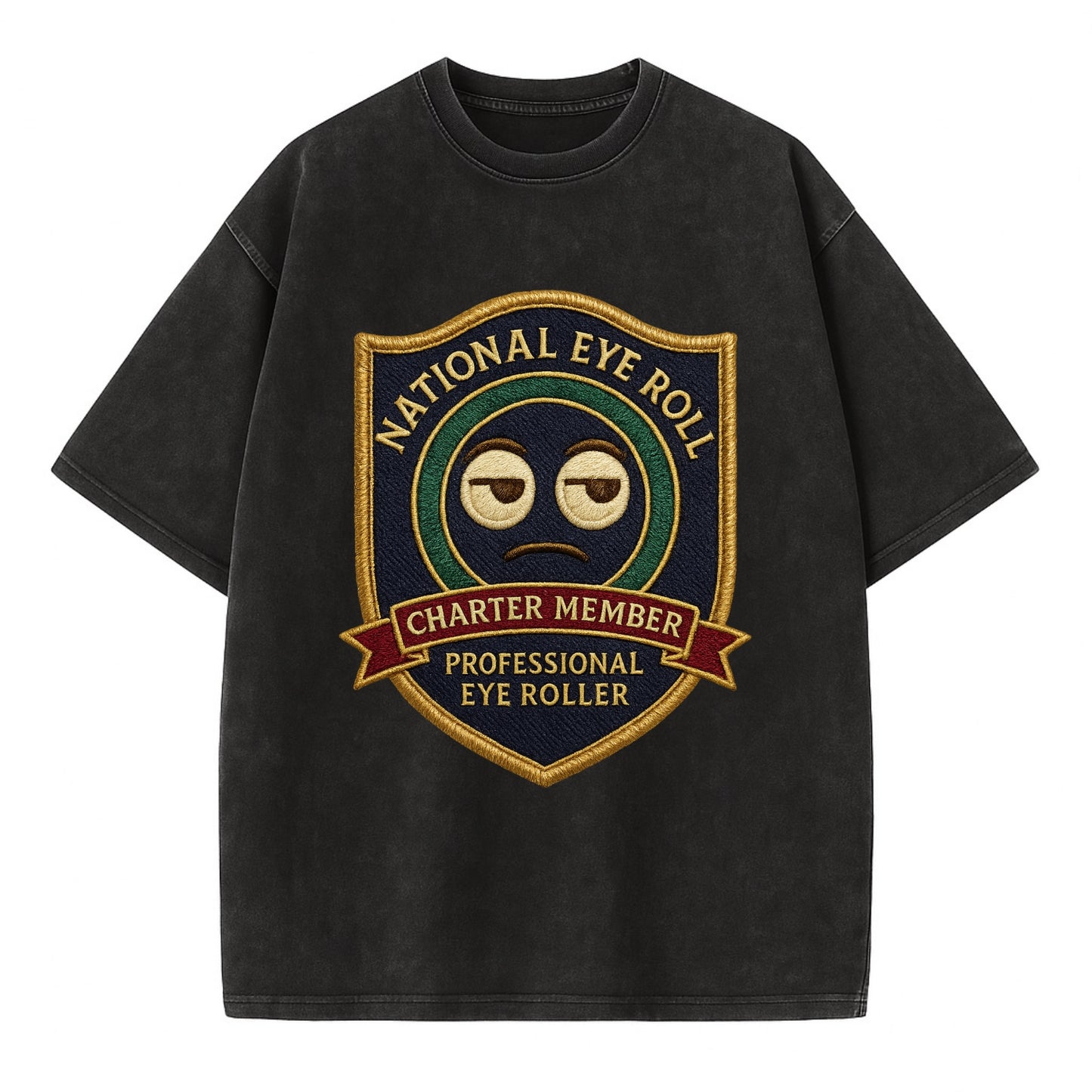 Crest with eye roll icon - "National Eye Roll Association - Charter Member" - - Vintage T-shirt - Black