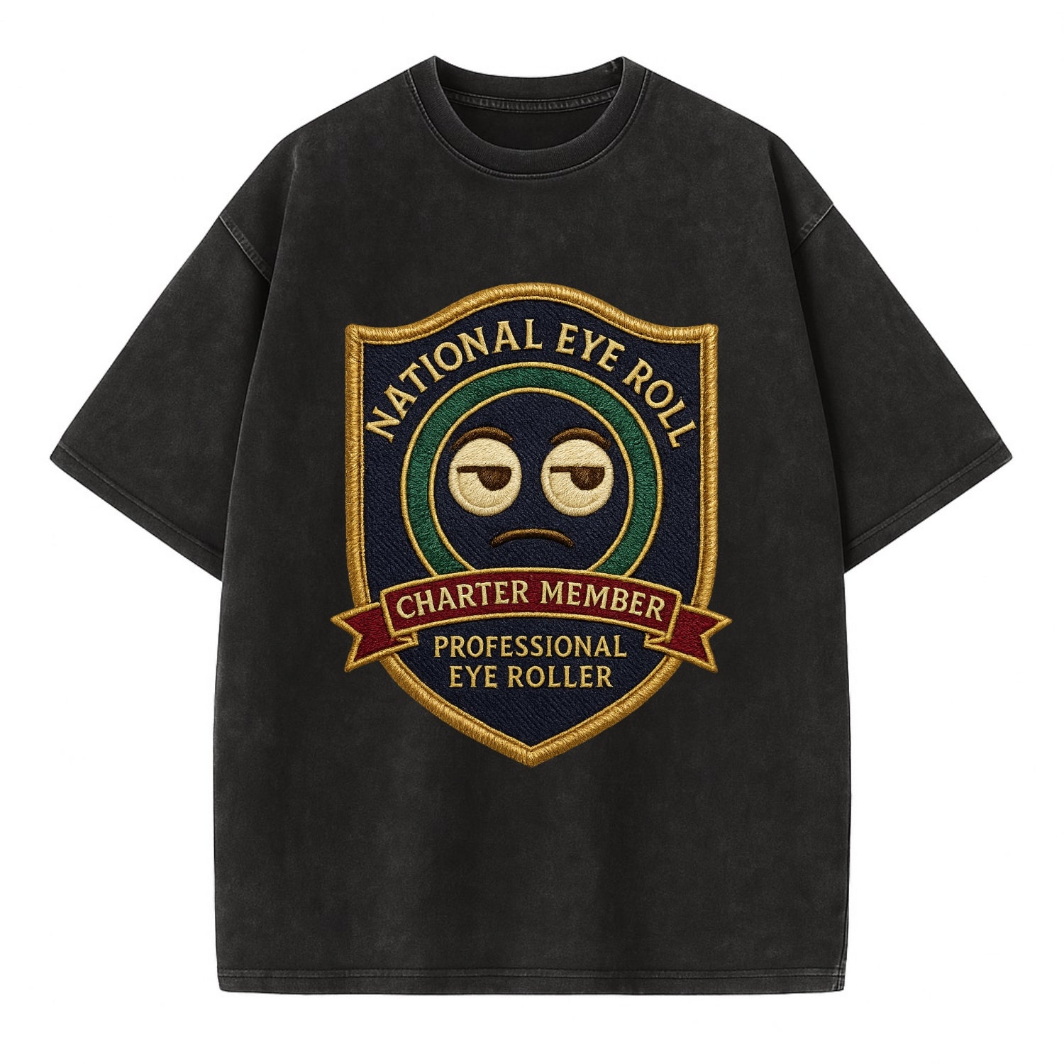 Crest with eye roll icon - "National Eye Roll Association - Charter Member" - - Vintage T-shirt - Black