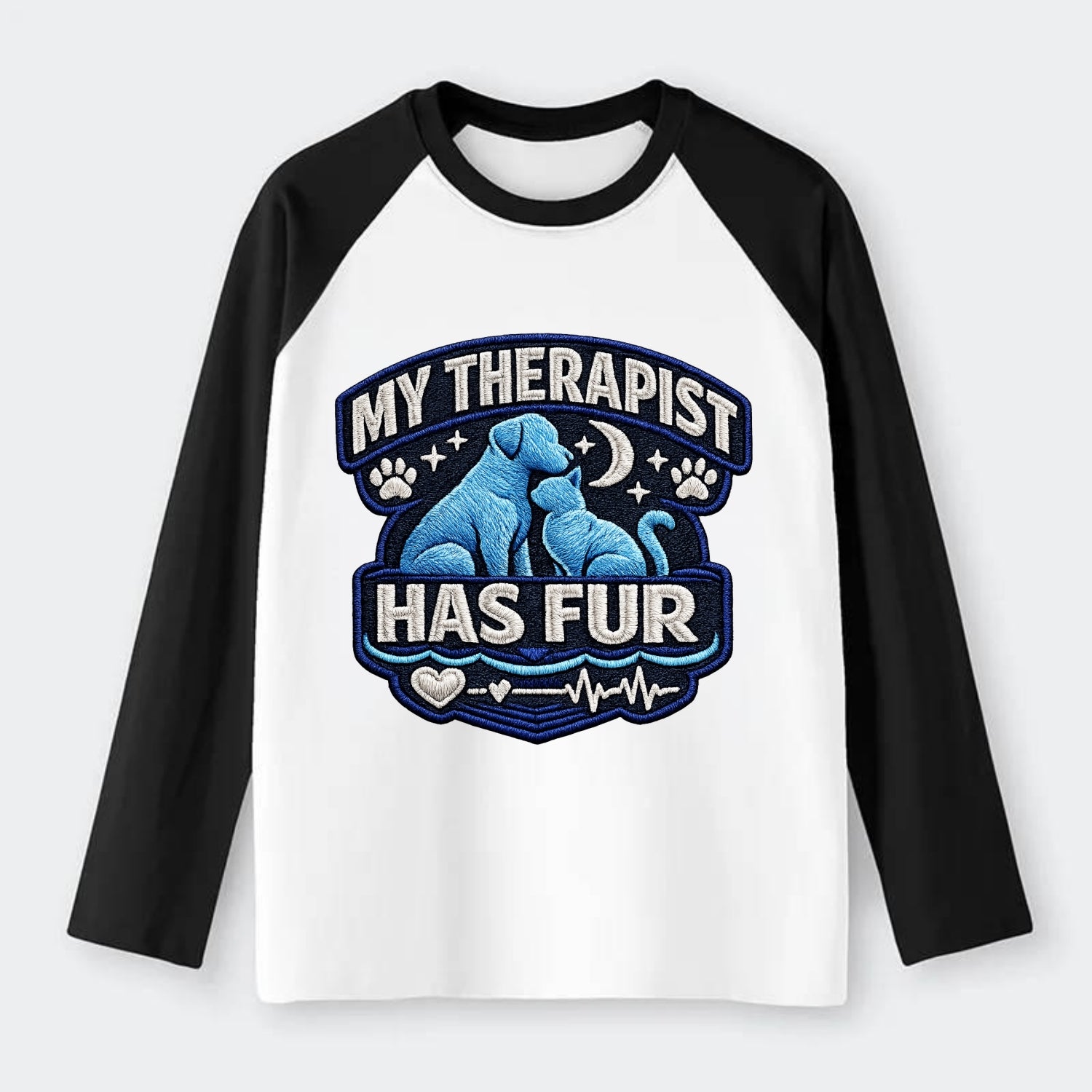 MY THERAPIST HAS FUR - pet silhouette in calming blue , emotional - Raglan Long Sleeve T-Shirt - Black