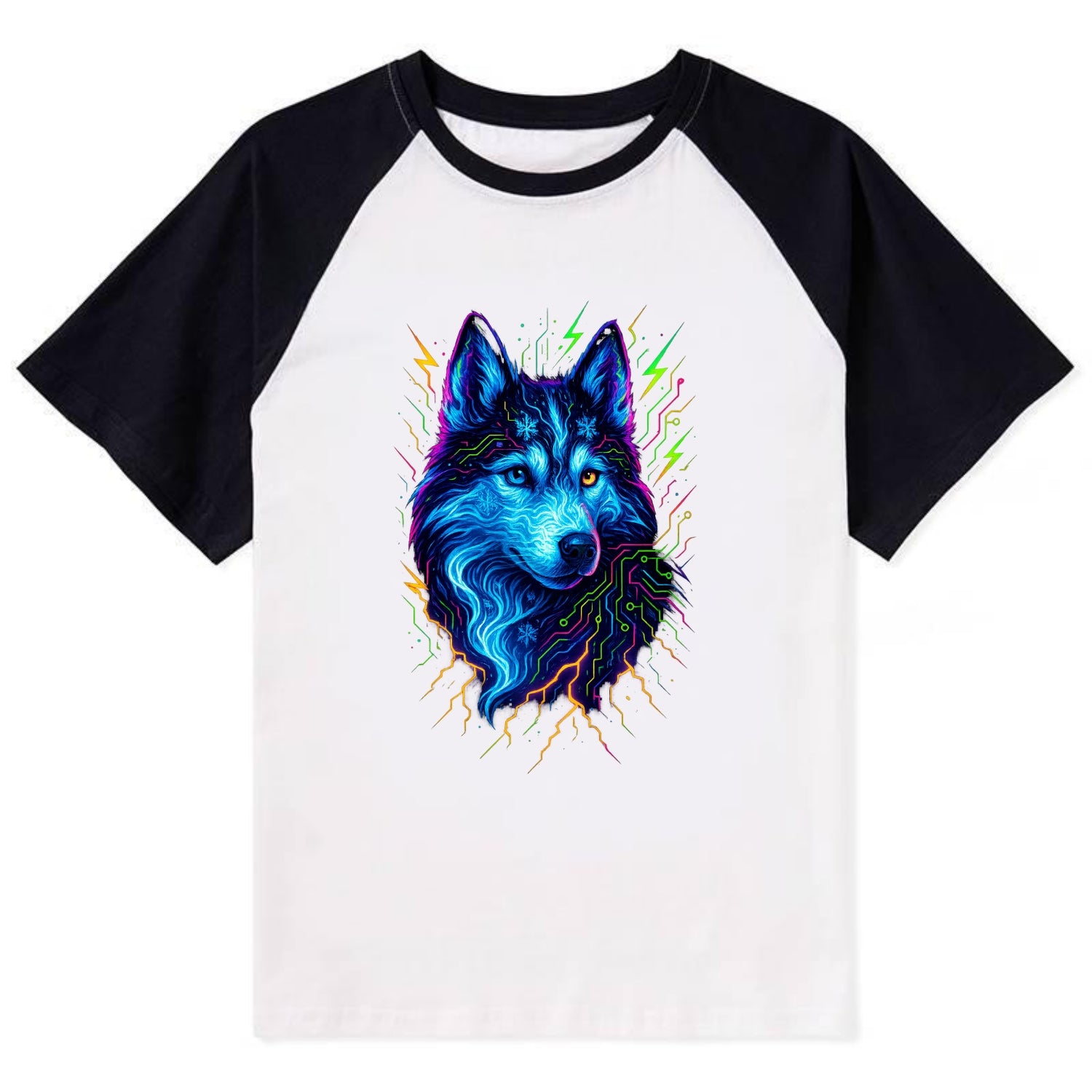 Siberian husky with ice-crystal flowing patterns, electric blue and white - Contrast Raglan T-shirt - Black