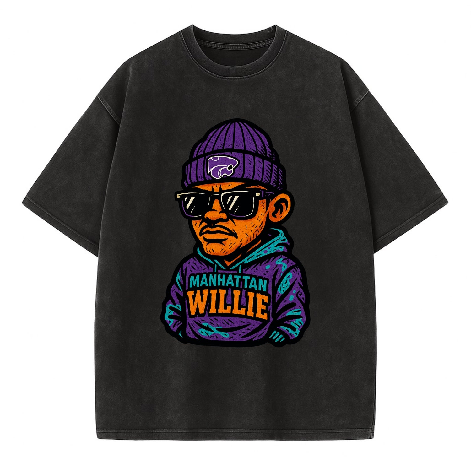 Manhattan Willie wearing Kansas State beanie with powercat patch - Vintage T-shirt - Black