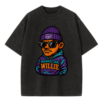 Manhattan Willie wearing Kansas State beanie with powercat patch - Vintage T-shirt - Black