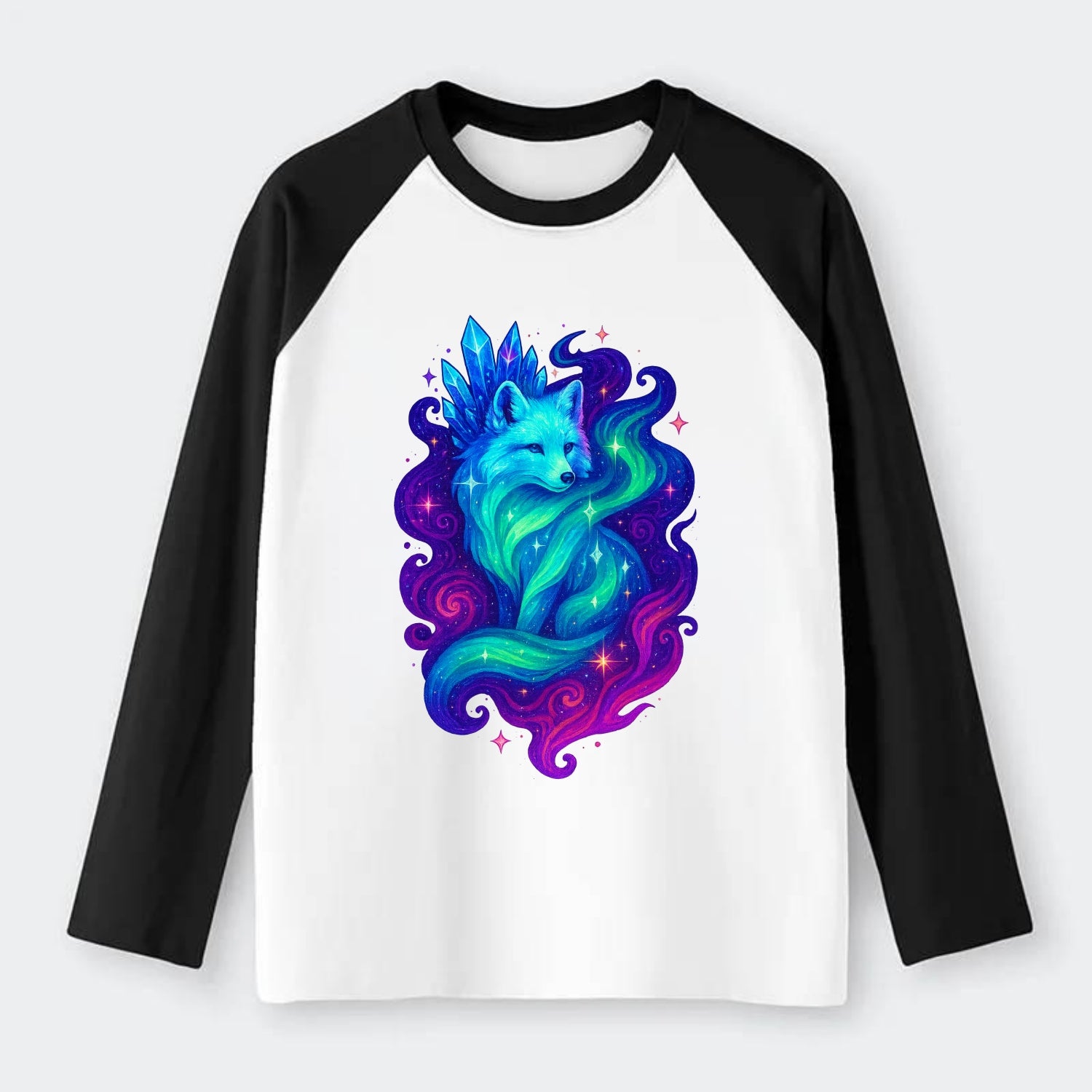 Ethereal arctic fox with fur that transforms into crystal formations, - Raglan Long Sleeve T-Shirt - Black
