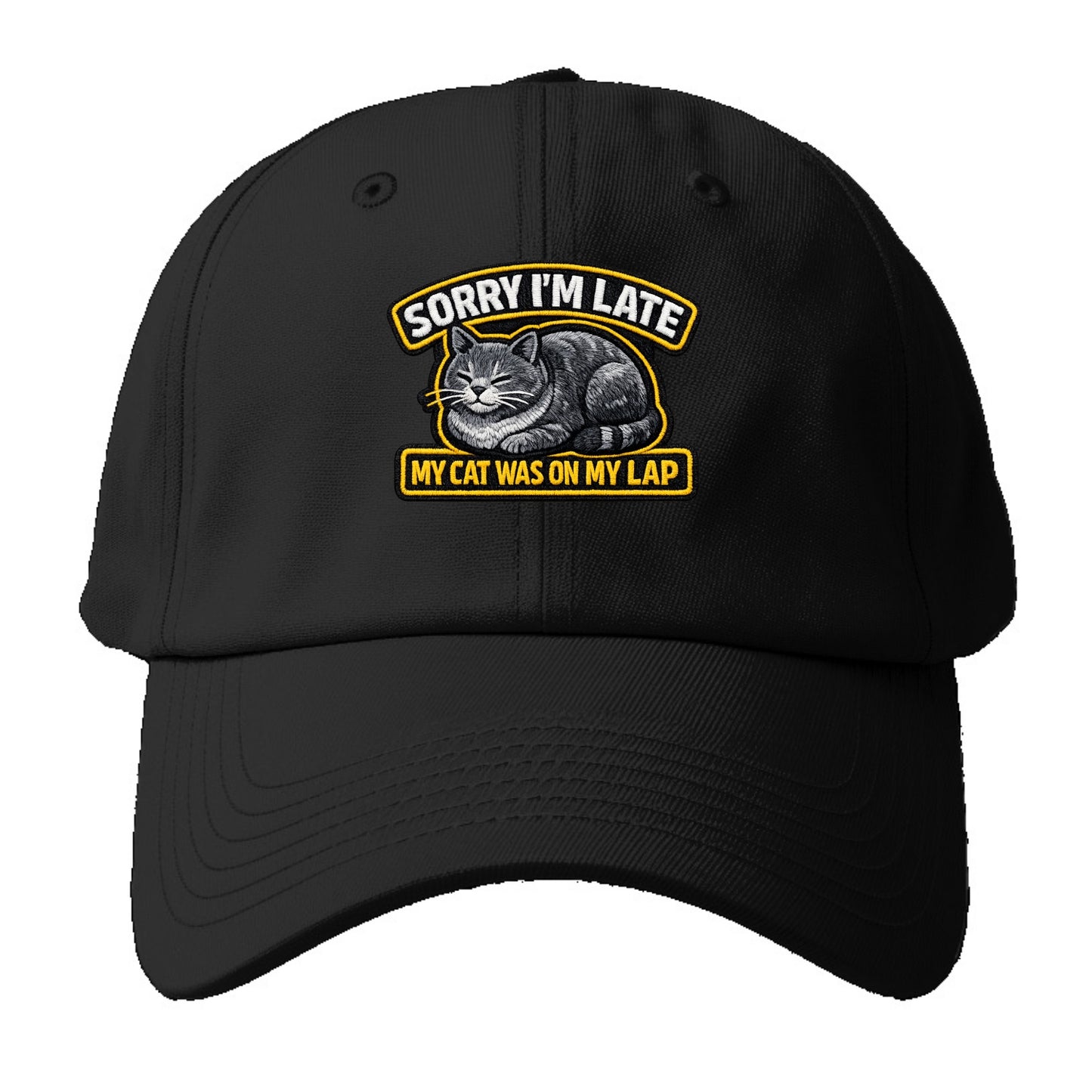 SORRY IM LATE MY CAT WAS ON MY LAP - cat loaf in gray , valid excuse - Baseball Cap - Black