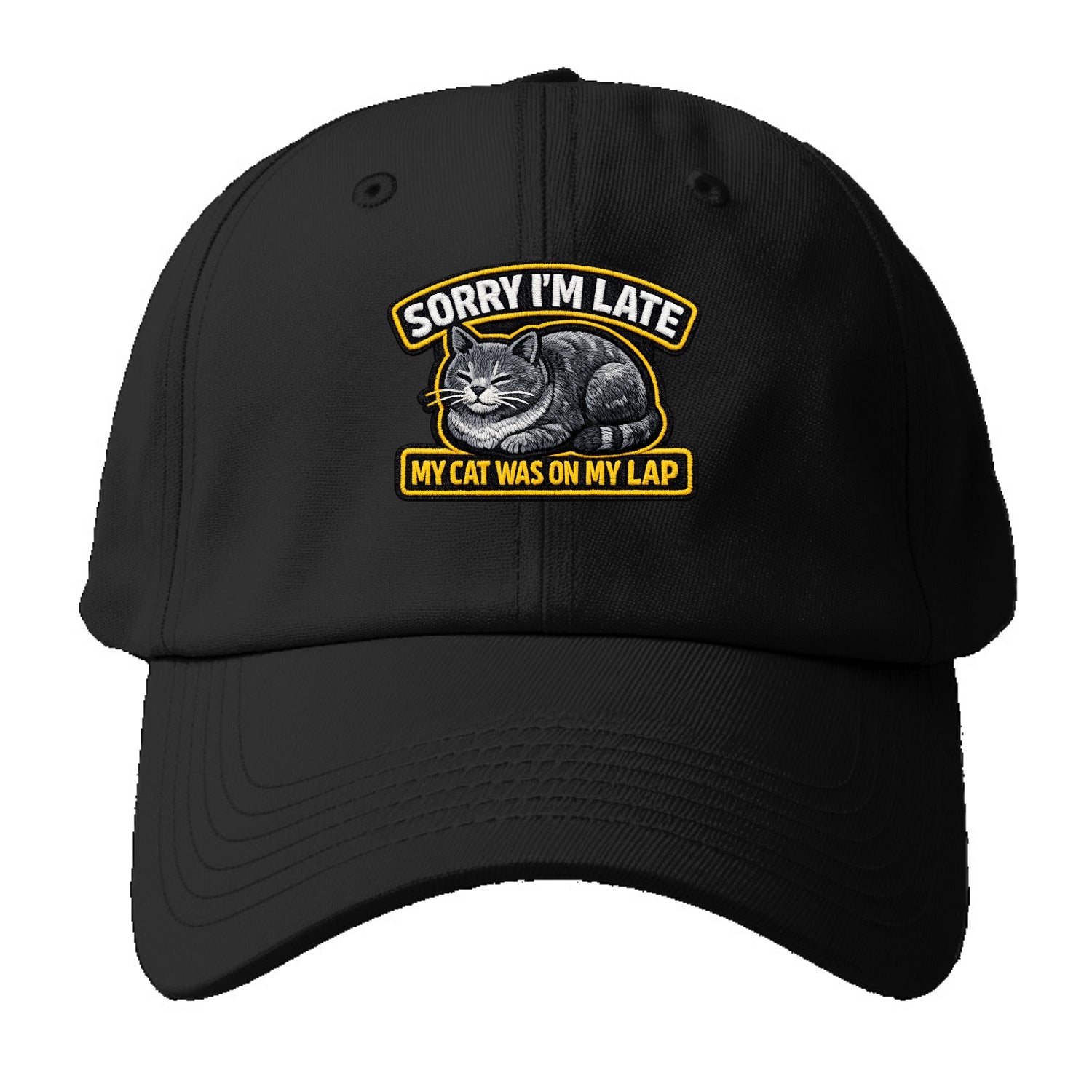 SORRY IM LATE MY CAT WAS ON MY LAP - cat loaf in gray , valid excuse - Baseball Cap - Black