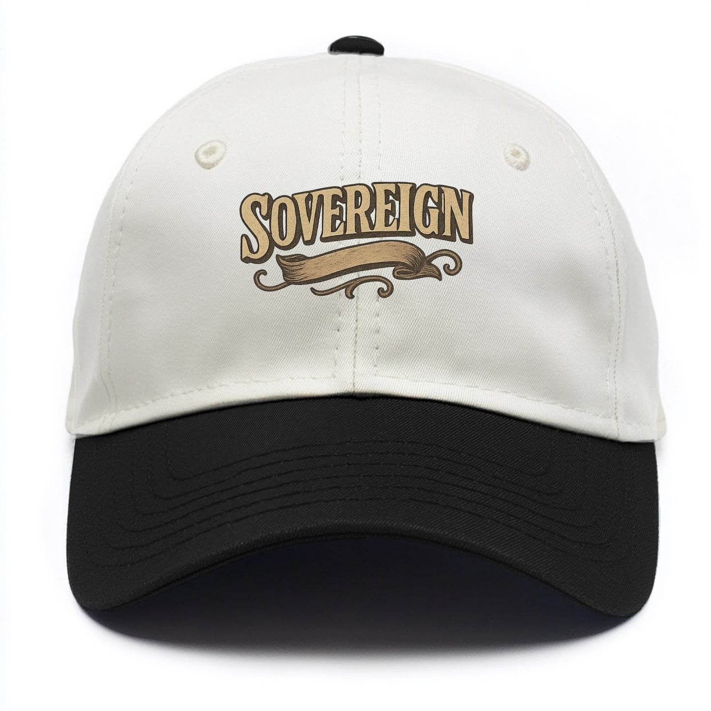Bold typography design - "SOVEREIGN" - self-ruled, autonomous, in control - Two Tone Cap - Black