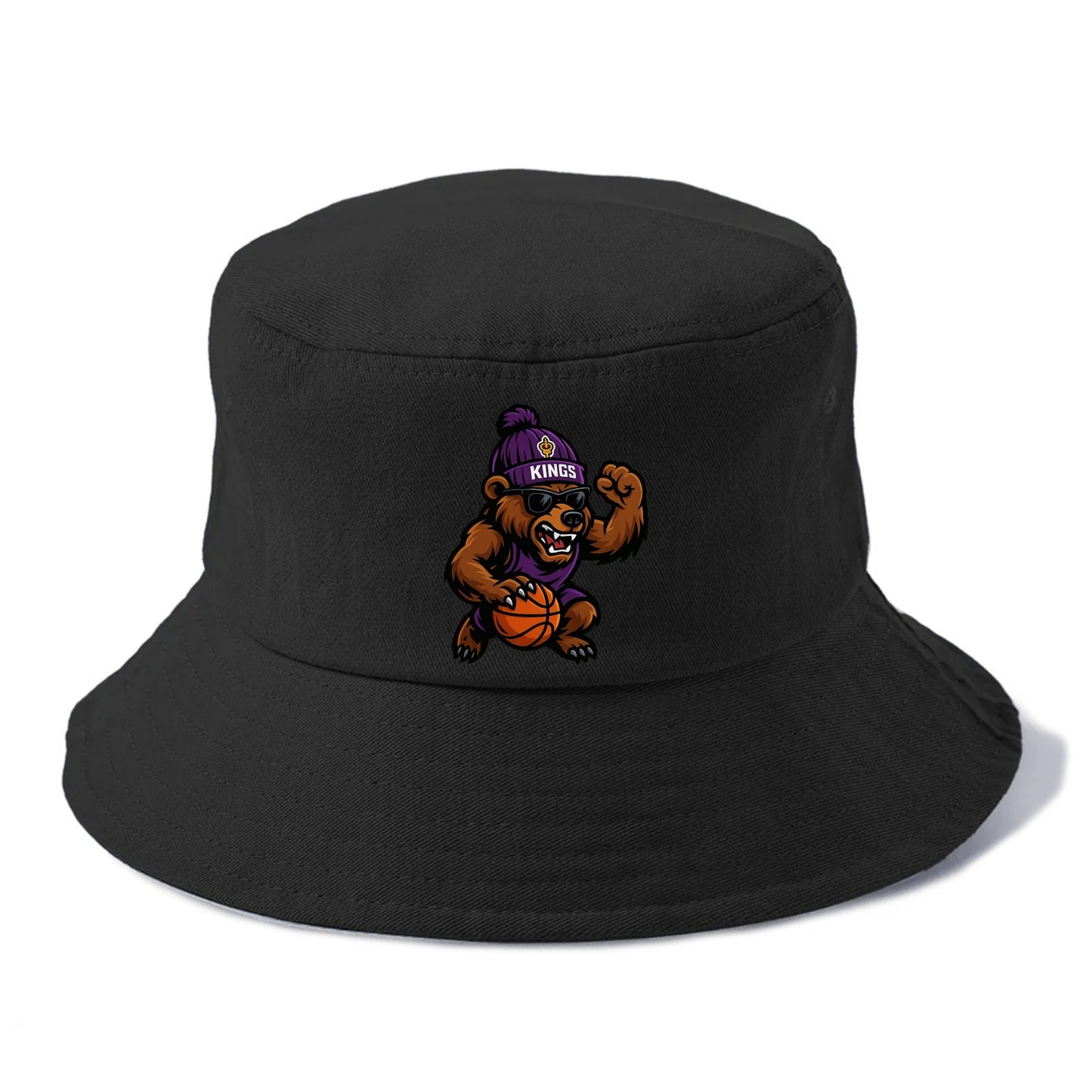 California Grizzly wearing Kings beanie with royal scepter patch and wayfarer - Bucket Hat - Black