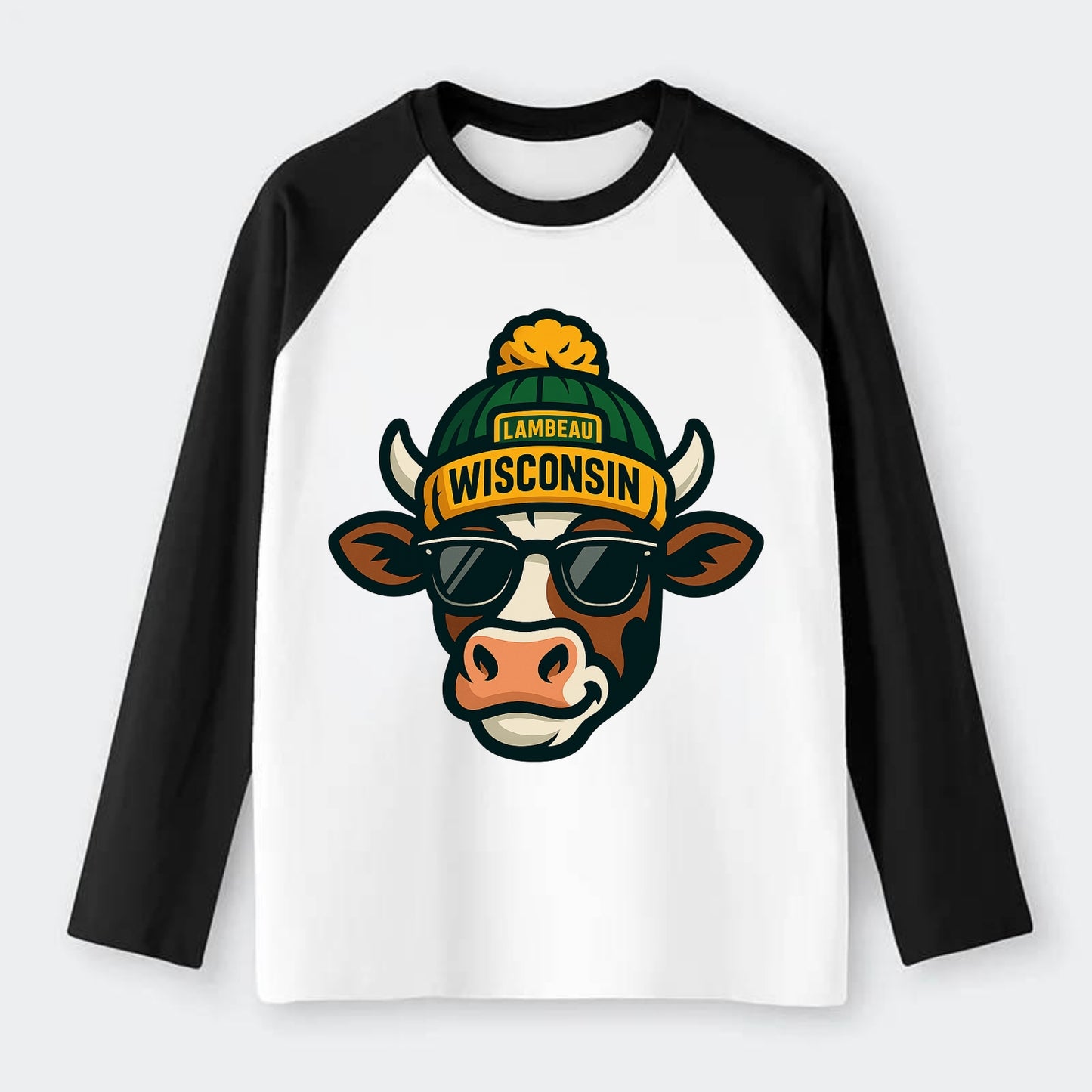Wisconsin Cow wearing Packers beanie with Lambeau patch and wayfarer - Raglan Long Sleeve T-Shirt - Black