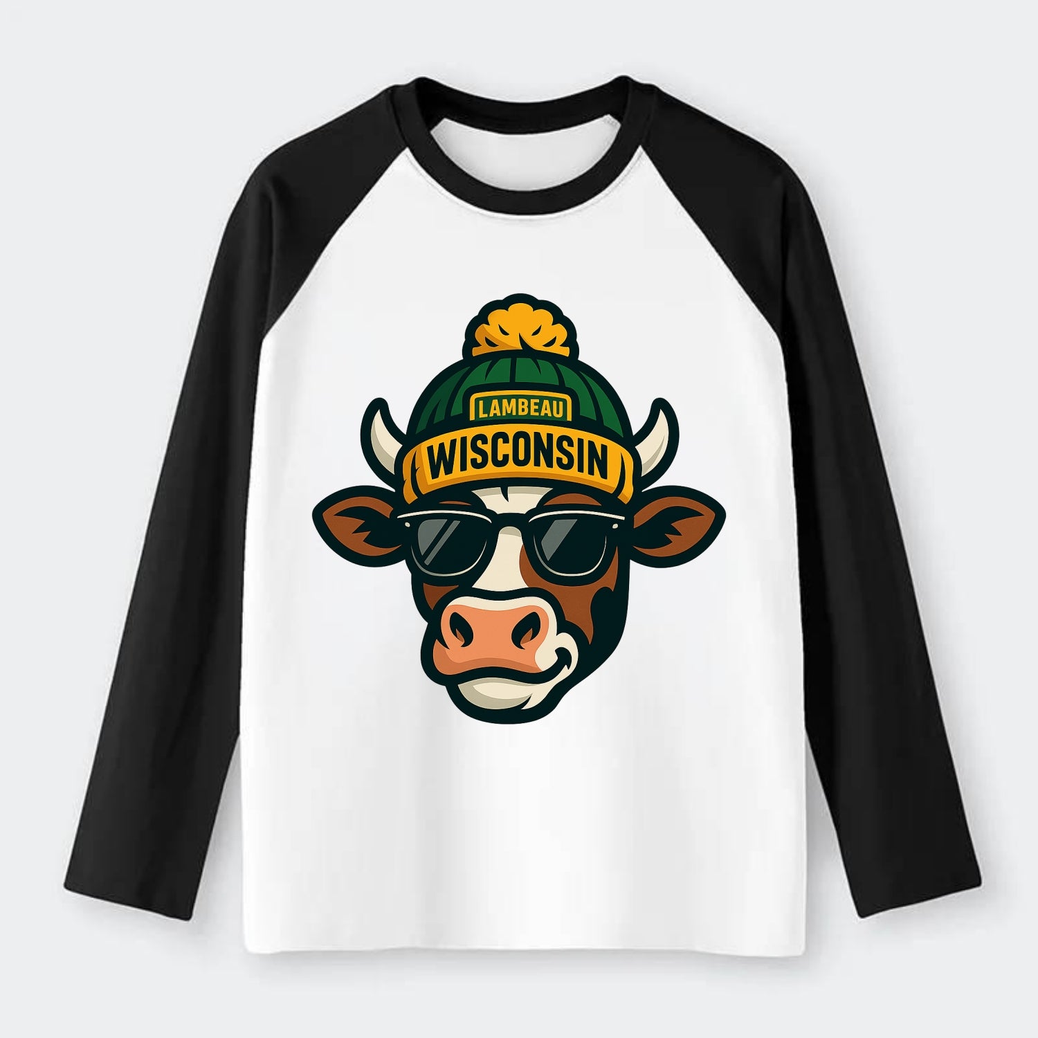 Wisconsin Cow wearing Packers beanie with Lambeau patch and wayfarer - Raglan Long Sleeve T-Shirt - Black