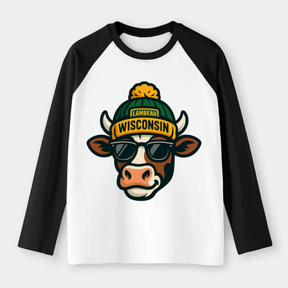 Wisconsin Cow wearing Packers beanie with Lambeau patch and wayfarer - Raglan Long Sleeve T-Shirt - Black