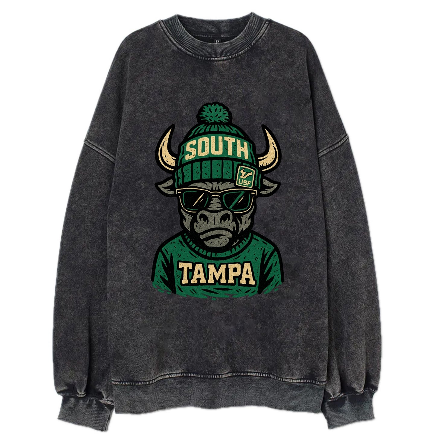 Tampa Bull wearing South Florida beanie with USF patch - Vintage Sweatshirt - Black