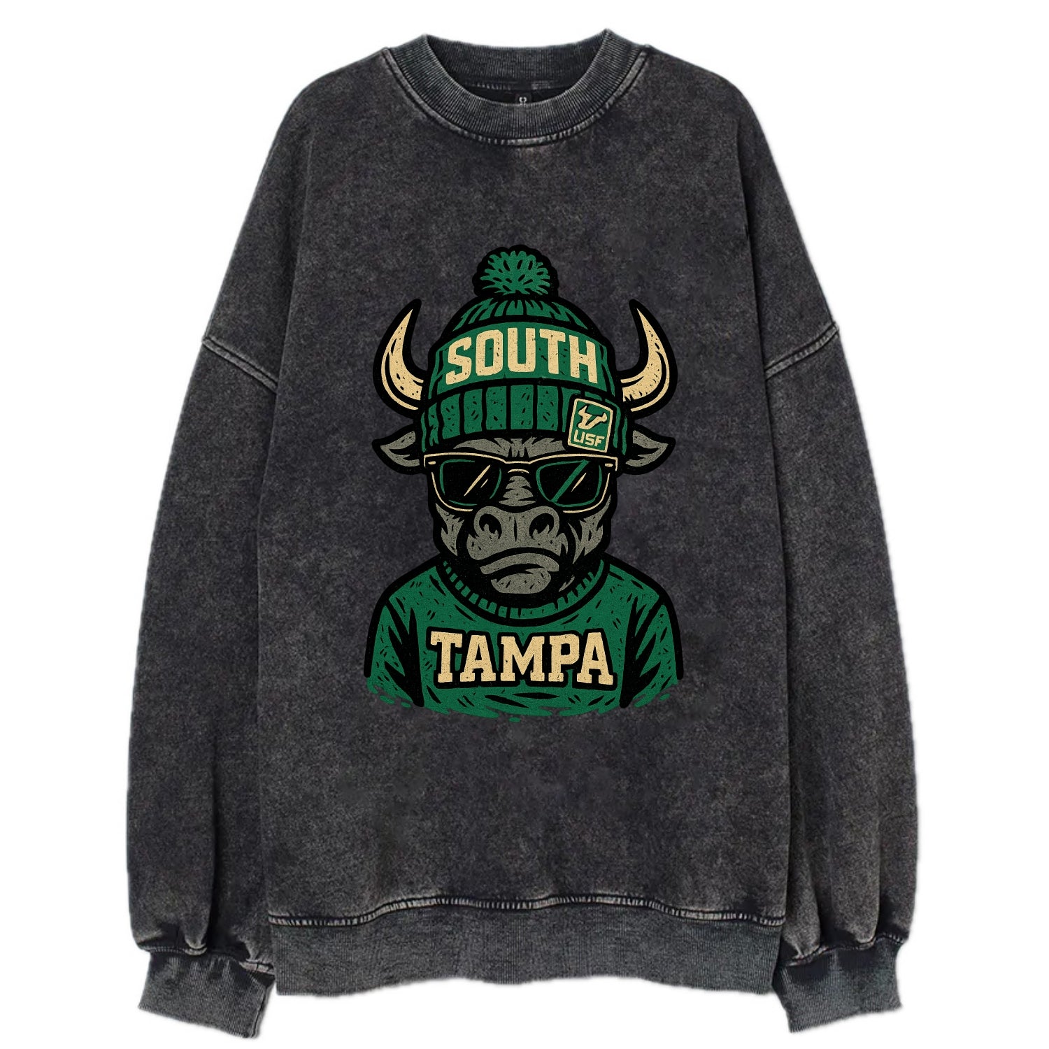 Tampa Bull wearing South Florida beanie with USF patch - Vintage Sweatshirt - Black