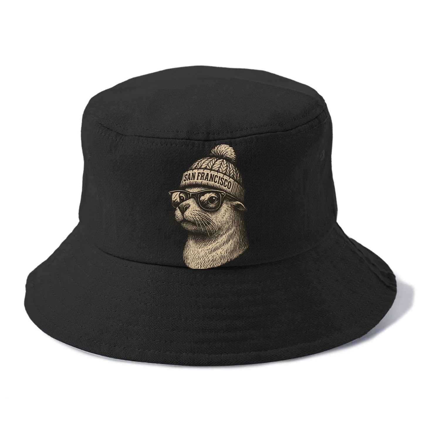 San Francisco Sea Lion wearing San Francisco beanie with pom pom and wayfarer - Bucket Hat - Black