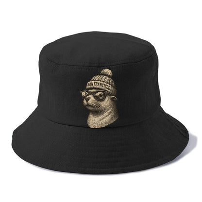 San Francisco Sea Lion wearing San Francisco beanie with pom pom and wayfarer - Bucket Hat - Black