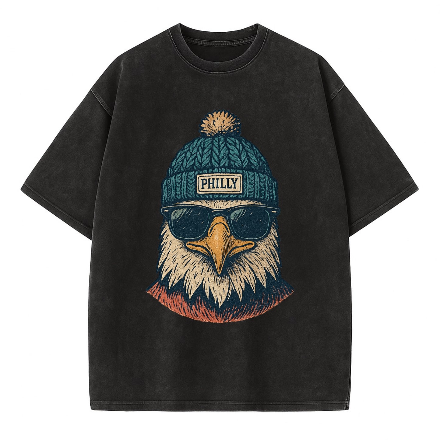 Philadelphia Eagle wearing Philly beanie with pom pom and wayfarer sunglasses - Vintage T-shirt - Black