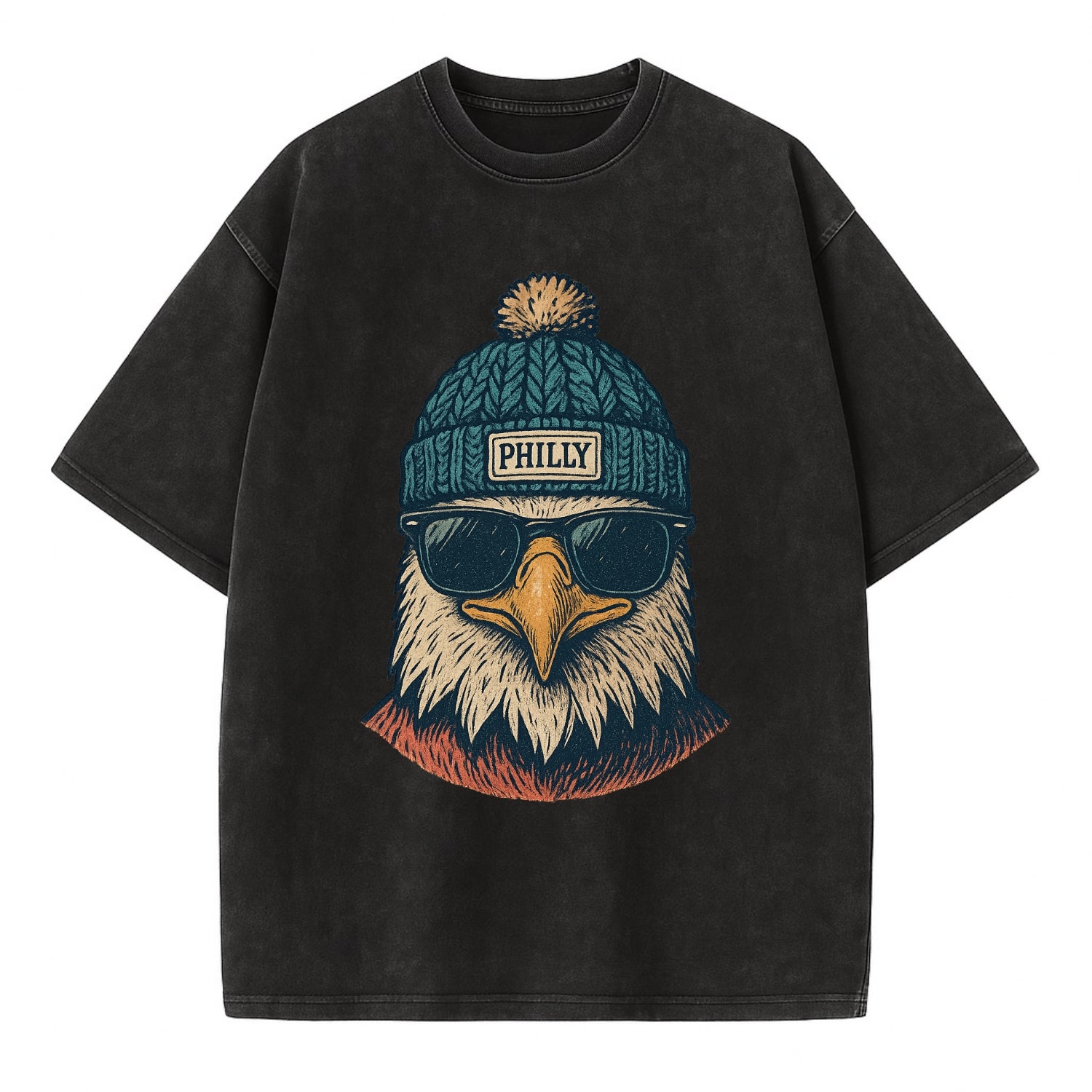 Philadelphia Eagle wearing Philly beanie with pom pom and wayfarer sunglasses - Vintage T-shirt - Black