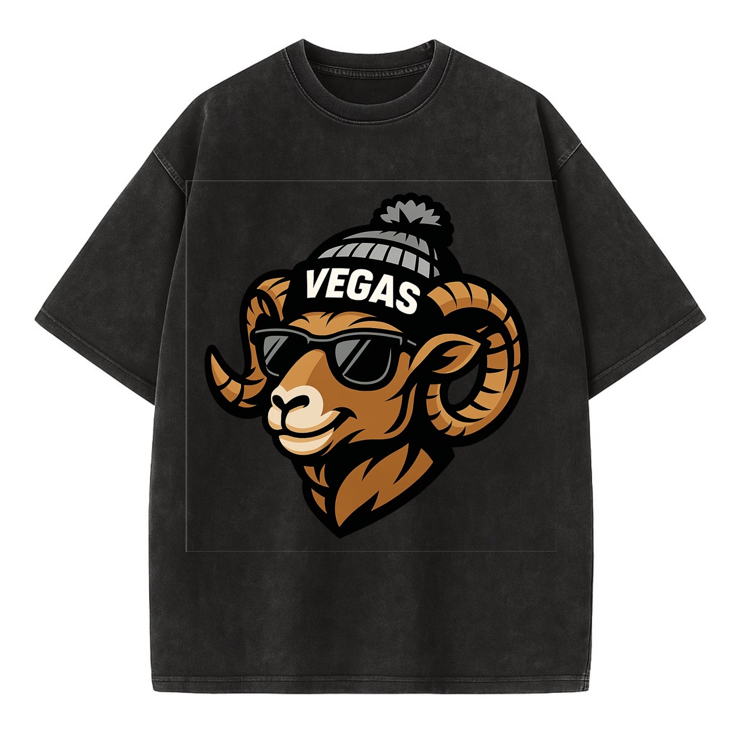 Vegas Desert Bighorn wearing Raiders silver and black beanie with pom pom and - Vintage T-shirt - Black