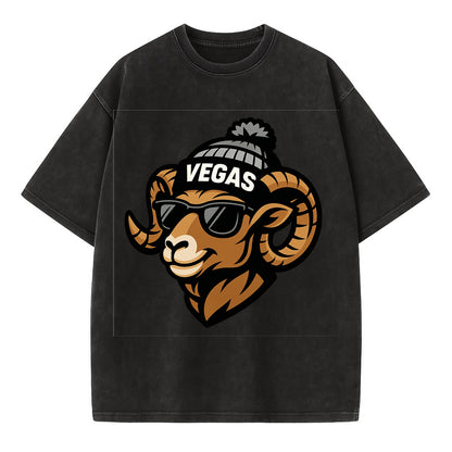 Vegas Desert Bighorn wearing Raiders silver and black beanie with pom pom and - Vintage T-shirt - Black