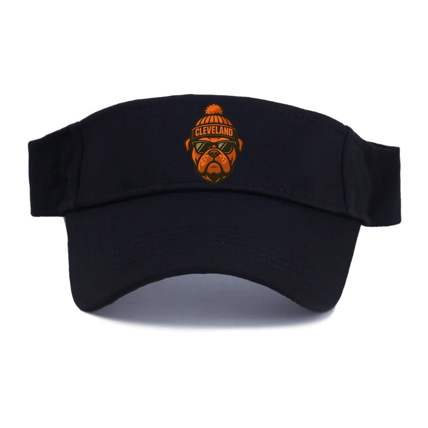 Cleveland Bulldog wearing Browns orange and brown beanie with pom pom and wayfarer - Visor - Black