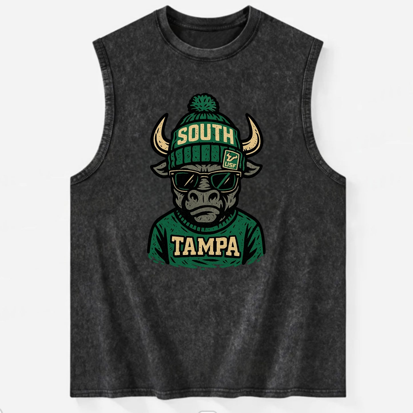Tampa Bull wearing South Florida beanie with USF patch - Vintage Washed Tank - Black