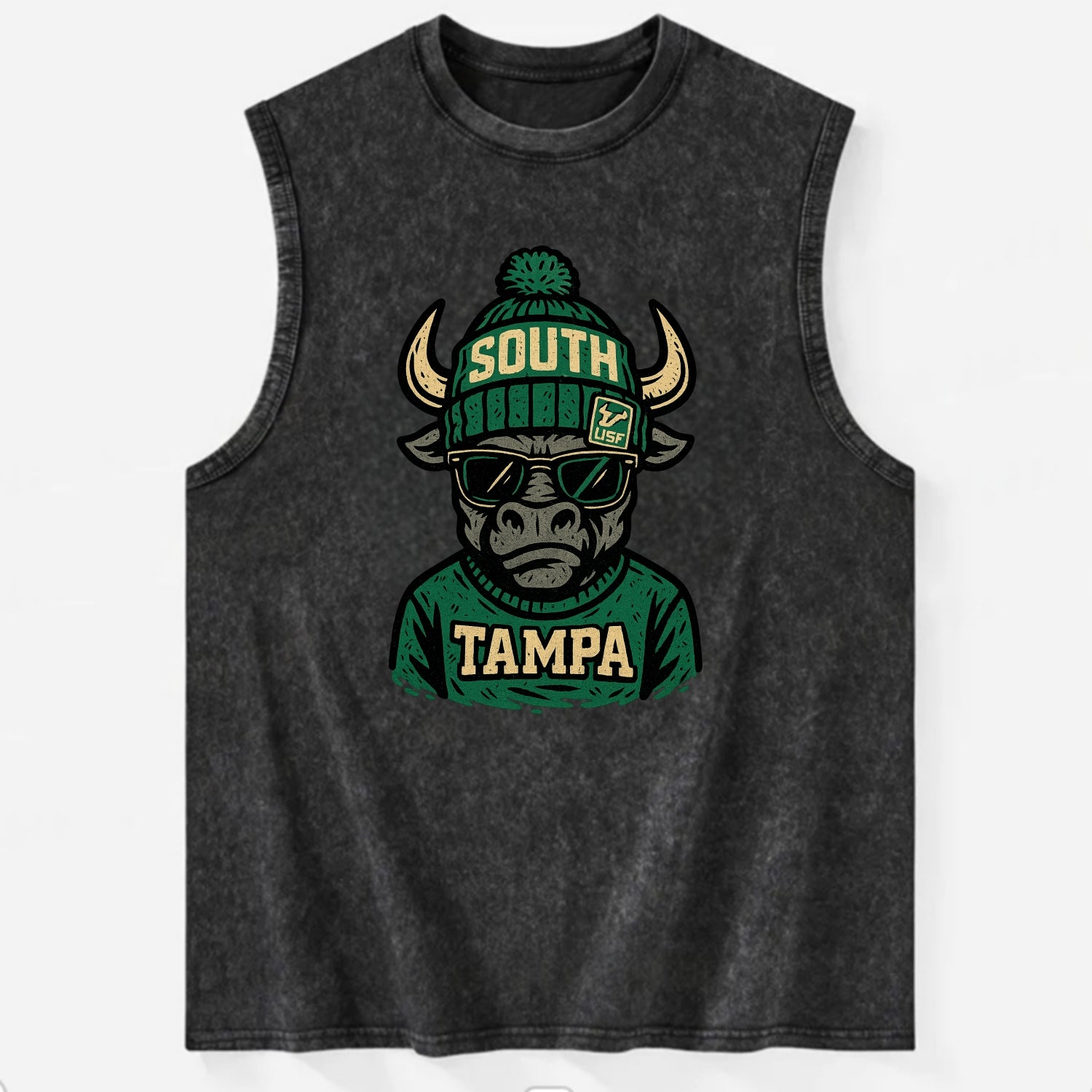 Tampa Bull wearing South Florida beanie with USF patch - Vintage Washed Tank - Black
