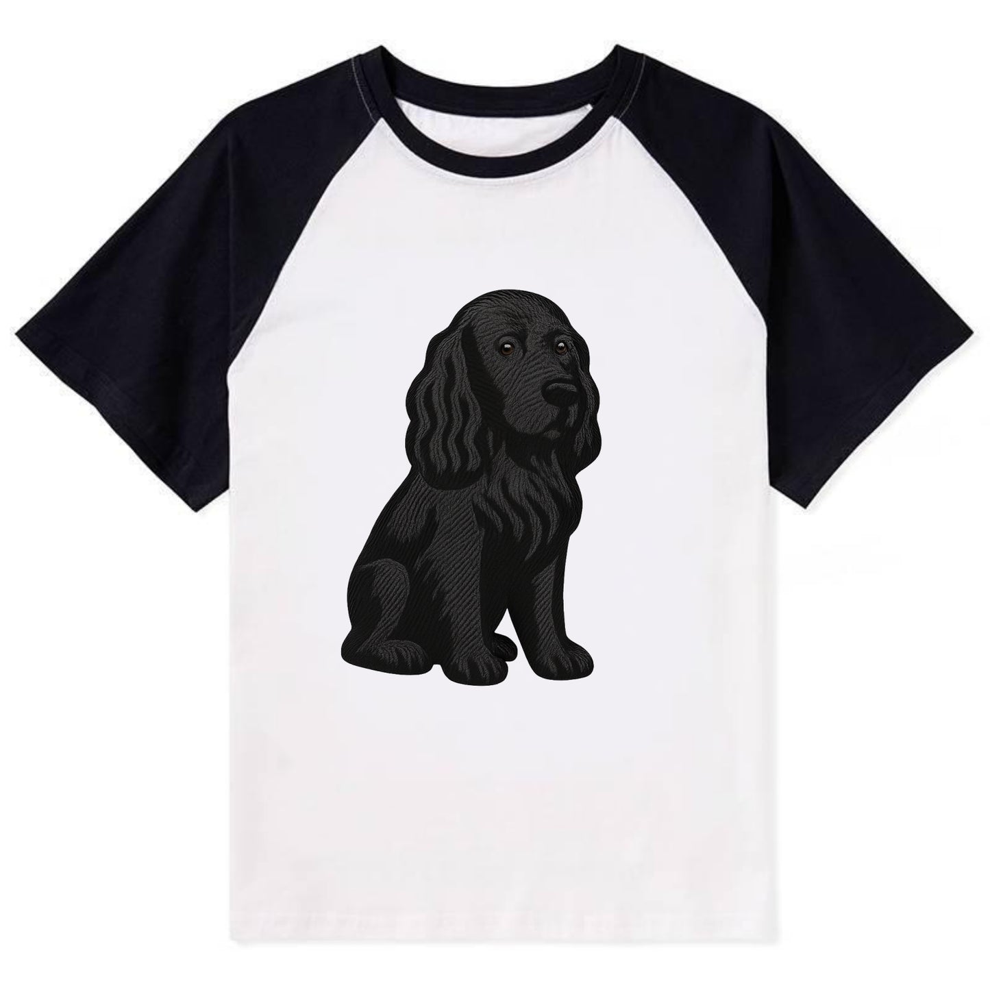 Field Spaniel - Black silky coat embroidered pose - Contrast Raglan T-shirt - Black