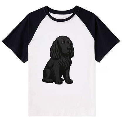 Field Spaniel - Black silky coat embroidered pose - Contrast Raglan T-shirt - Black