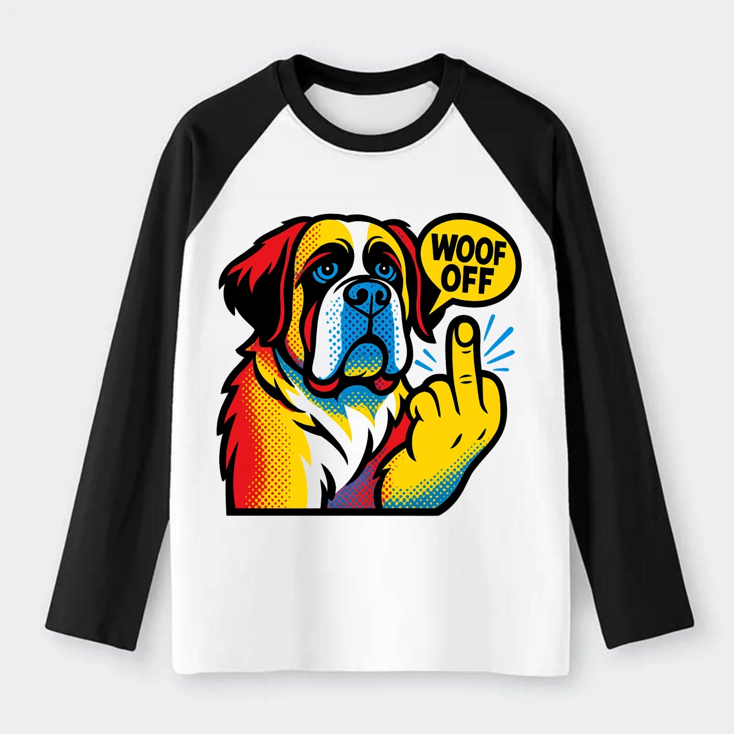 Saint Bernard with gentle giant face and droopy jowls, huge paw raised - Raglan Long Sleeve T-Shirt - Black