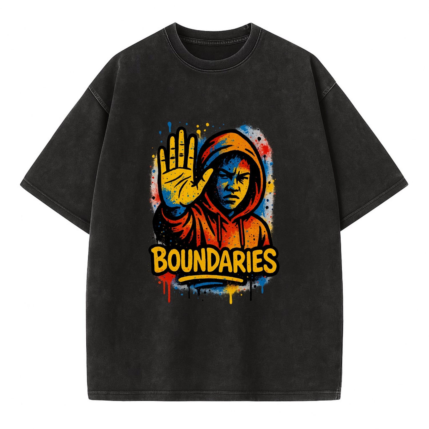 Person holding up hand in "stop" gesture - setting boundaries concept, - Vintage T-shirt - Black
