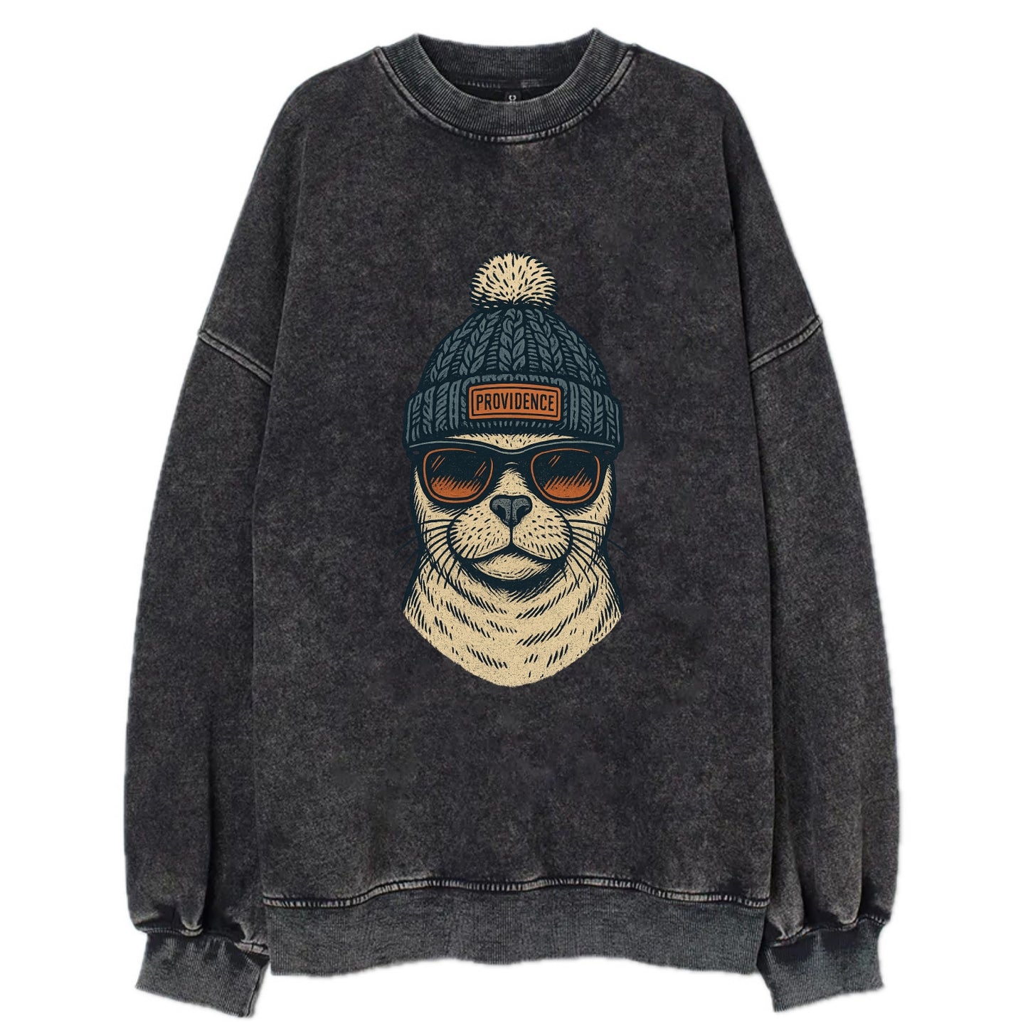 Rhode Island Harbor Seal wearing Providence beanie with pom pom and wayfarer - Vintage Sweatshirt - Black
