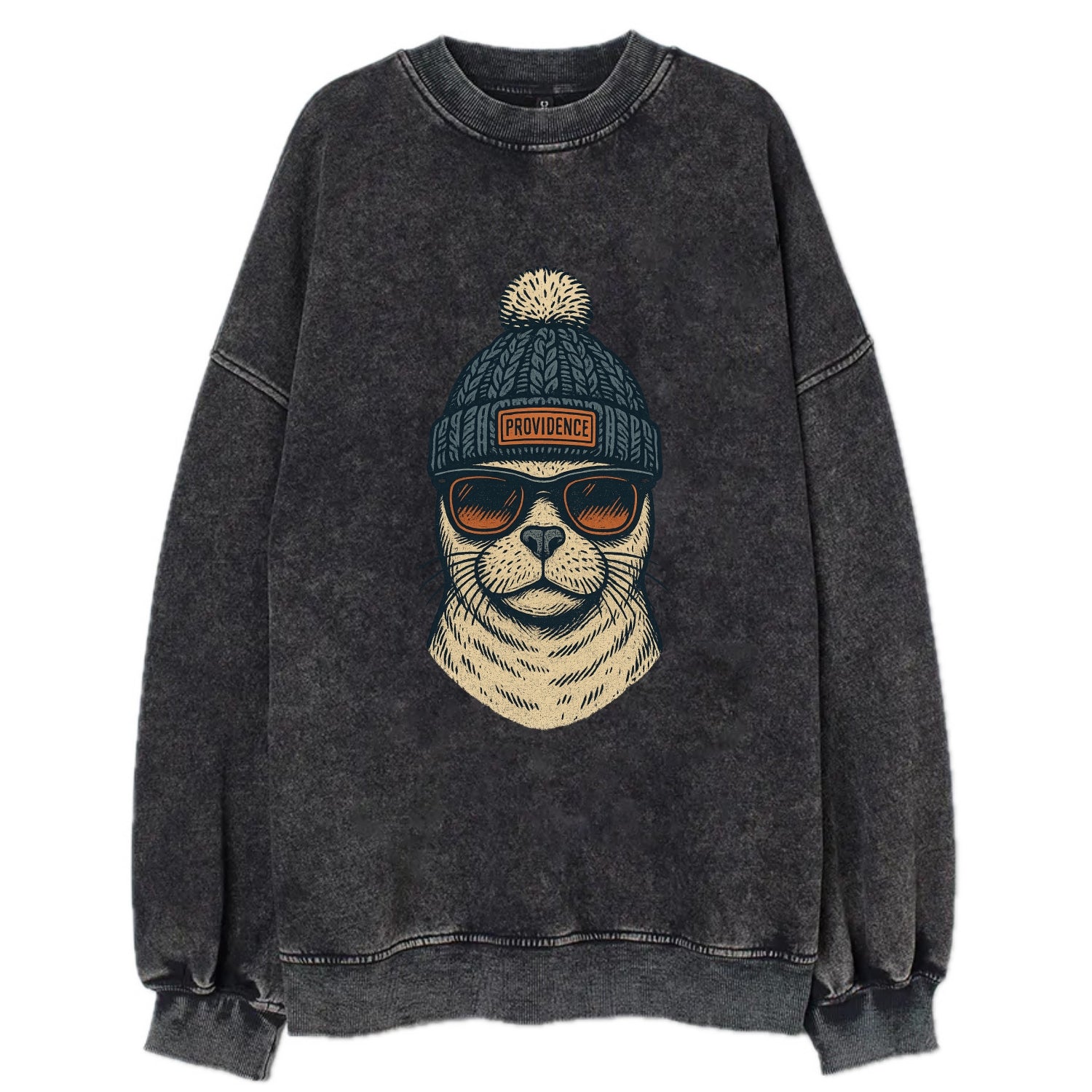 Rhode Island Harbor Seal wearing Providence beanie with pom pom and wayfarer - Vintage Sweatshirt - Black
