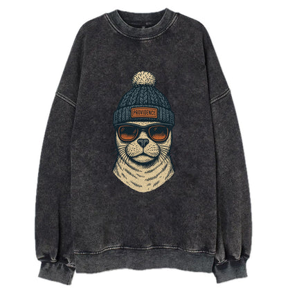 Rhode Island Harbor Seal wearing Providence beanie with pom pom and wayfarer - Vintage Sweatshirt - Black