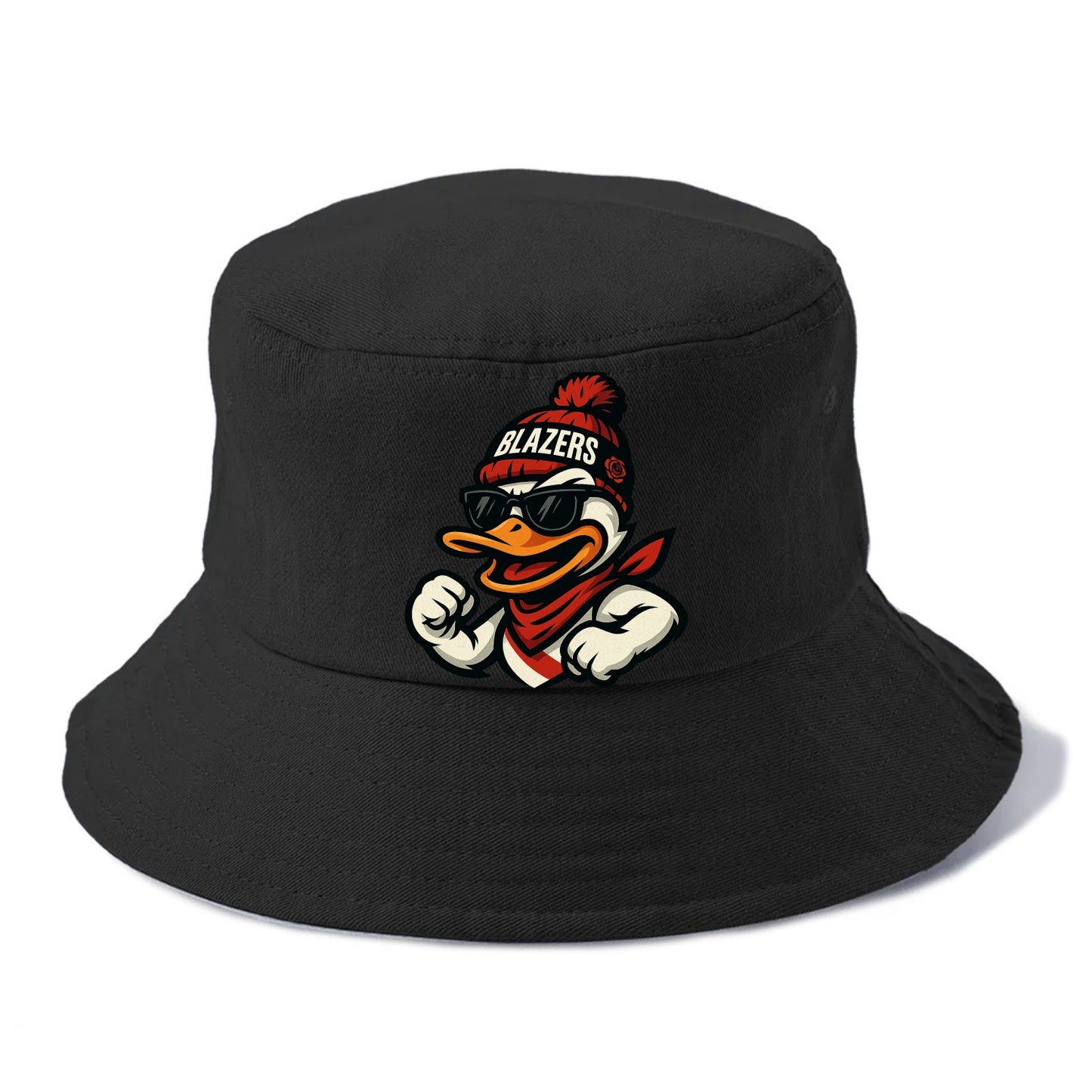 Oregon Duck wearing Trail Blazers beanie with rose patch and wayfarer sunglasses - Bucket Hat - Black