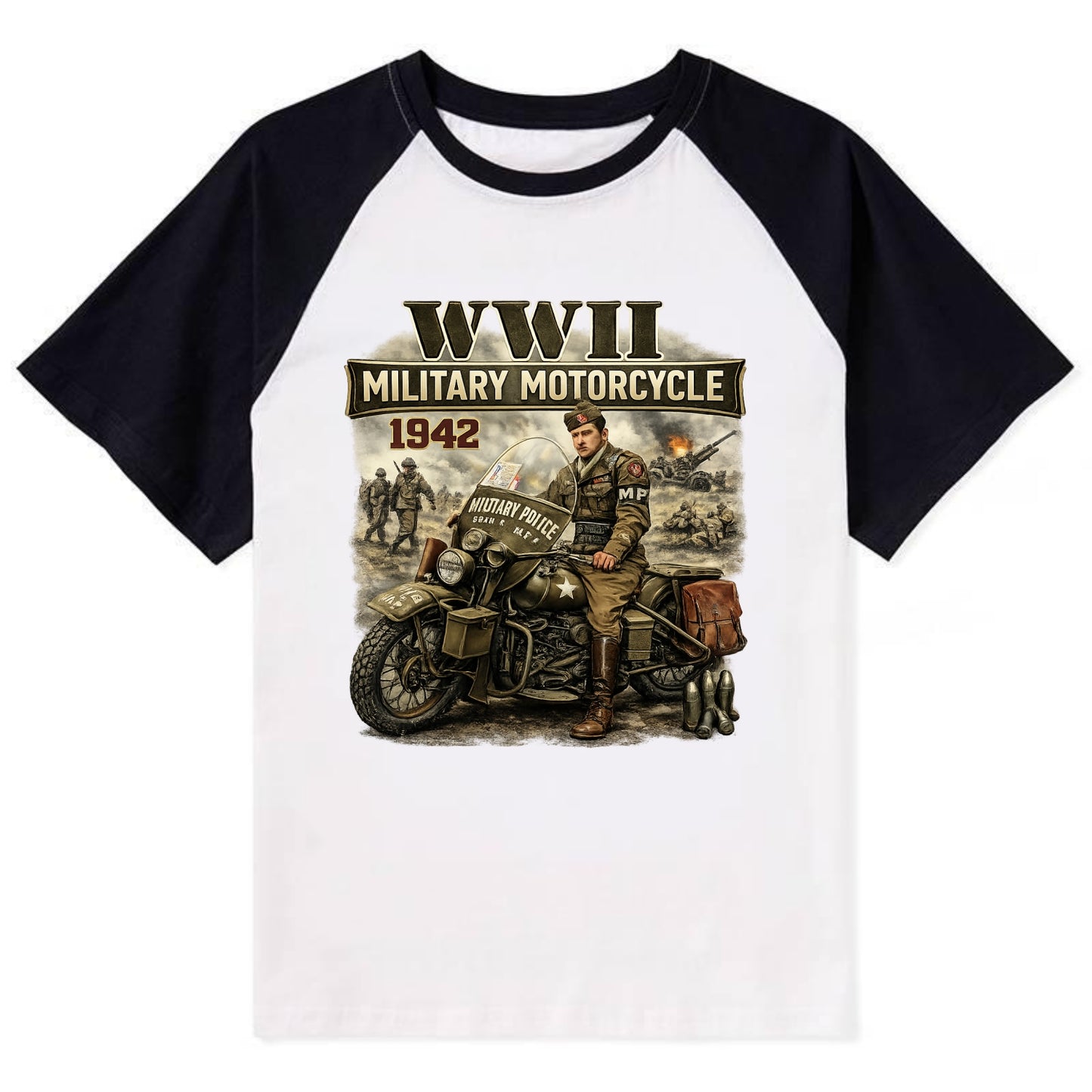 Wwii Military Motorcycle 1942 - Contrast Raglan T-shirt - Black