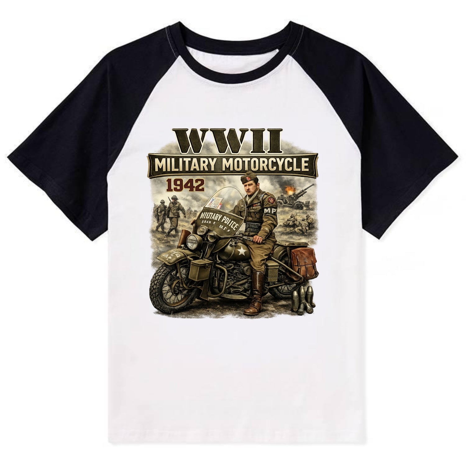 Wwii Military Motorcycle 1942 - Contrast Raglan T-shirt - Black