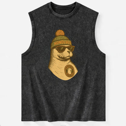Hawaii Monk Seal wearing Honolulu beanie with pom pom and wayfarer sunglasses - Vintage Washed Tank - Black