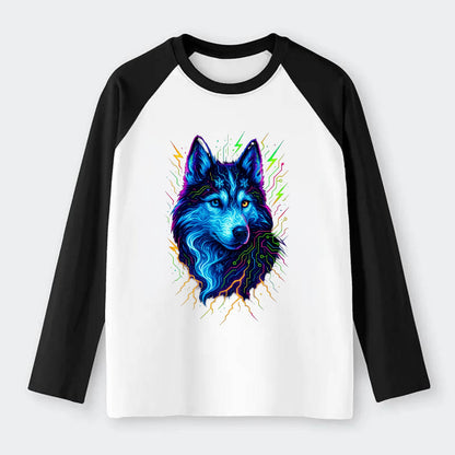 Siberian husky with ice-crystal flowing patterns, electric blue and - Raglan Long Sleeve T-Shirt - Black