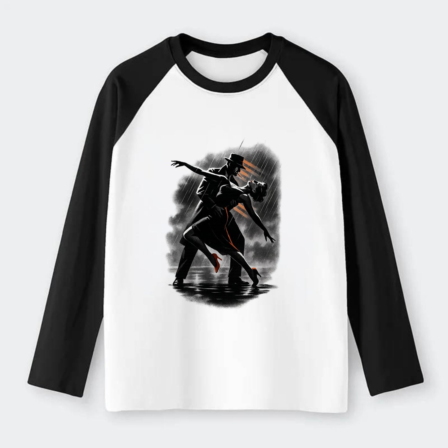 romantic dance pose with woman lifted in the air at lakeside - Raglan Long Sleeve T-Shirt - Black